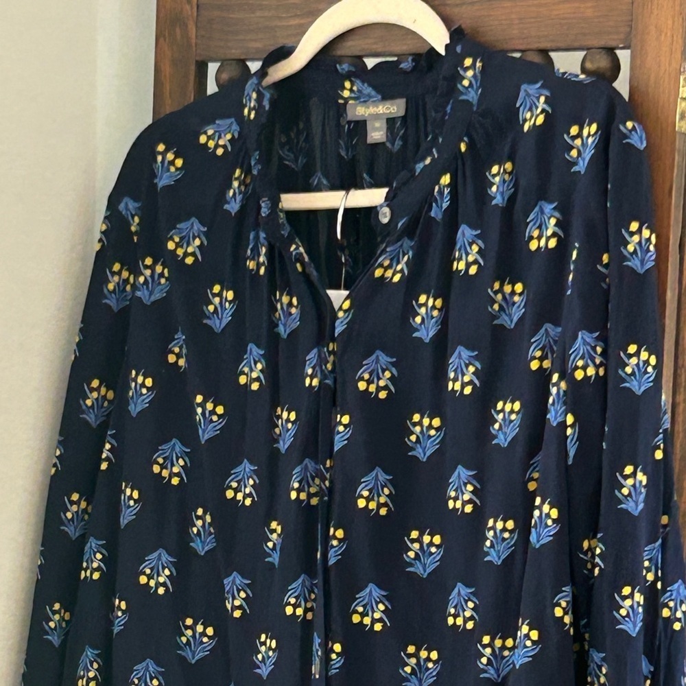 NEW Button Down Long Sleeve Blouse Navy Blue with Yellow + Dockside Blue Floral